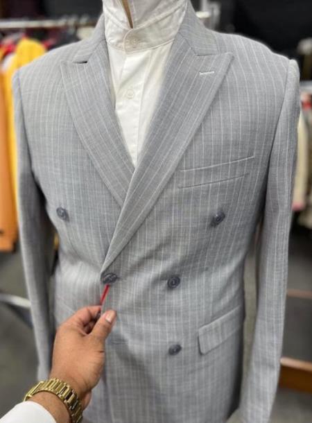 Double Breasted Suit - Stripe - Pinstripe Suit - Light Blue Grey Stripe