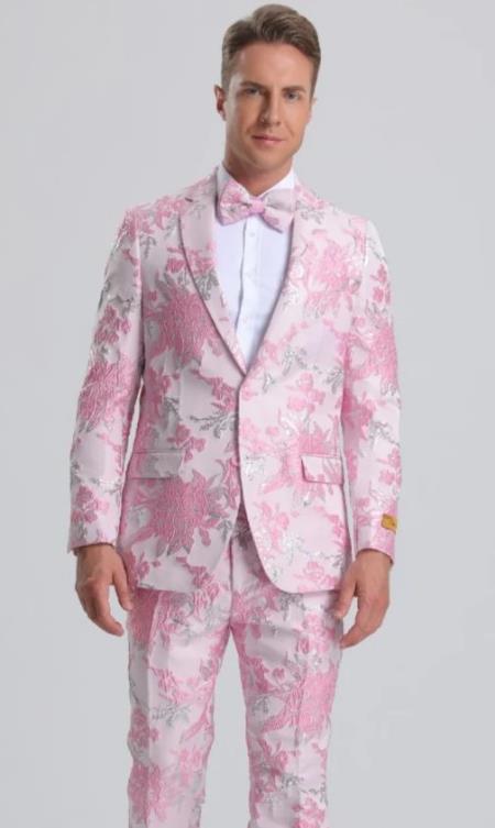 Mens Pink and Silver Floral Paisley Prom 2025 Tuxedo
