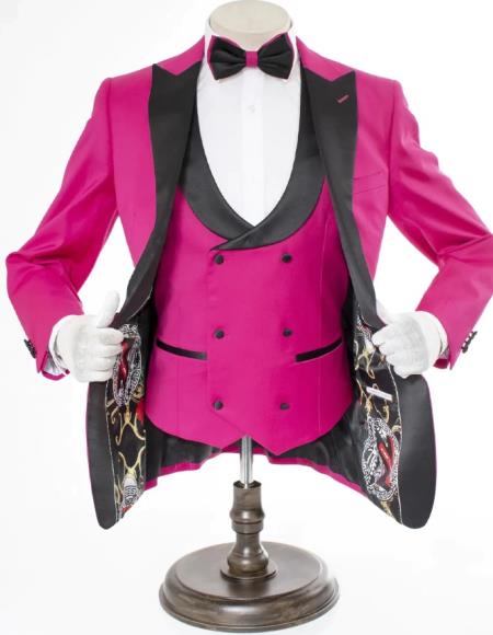 Mens 2 Button Peak Lapel Prom 2026 Tuxedo with Double Breasted Vest in Rose Pink