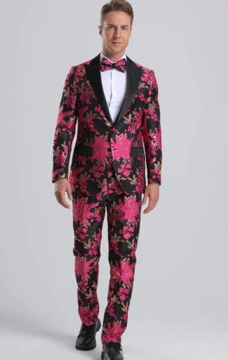 Mens Fuchsia Pink and Black Floral Paisley Prom 2026 Tuxedo