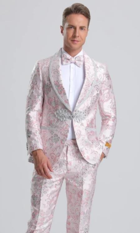 Mens Fancy Pink Floral Paisley Prom 2026 Tuxedo with Silver Trim