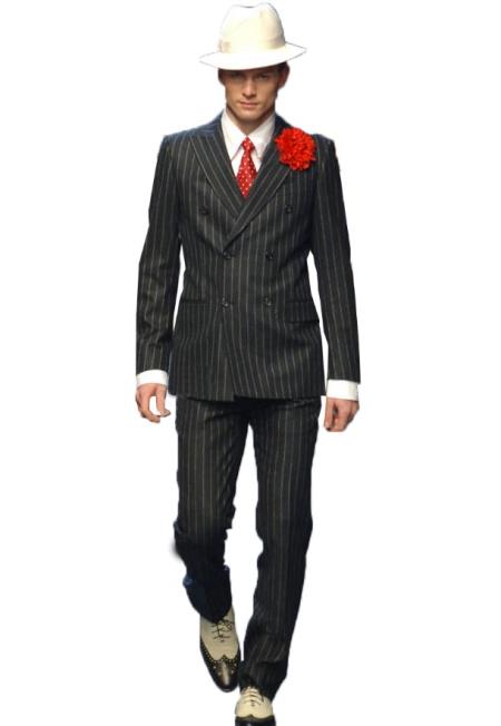 Men's Grey Black Double Breasted Suit - 6 on 3 Buttons Unique Style With Pleated Pants main image 1