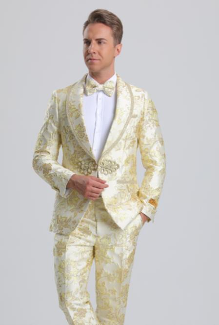White and Gold Prom 2025 Suits - Gold Tuxedo Jacket