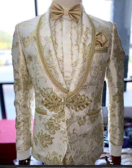 White and Gold Prom 2025 Suits - Gold Tuxedo Jacket