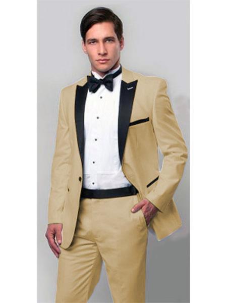 Mens One Button Notch Lapel Single Breasted Suit Tan