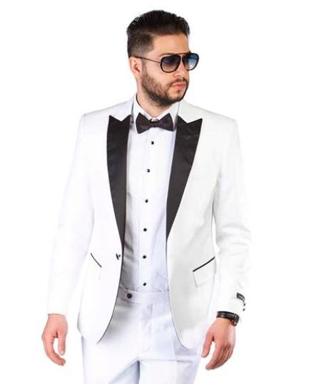 Mens One Button Notch Lapel Suit White