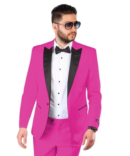 Mens One Button Notch Lapel Suit Pink