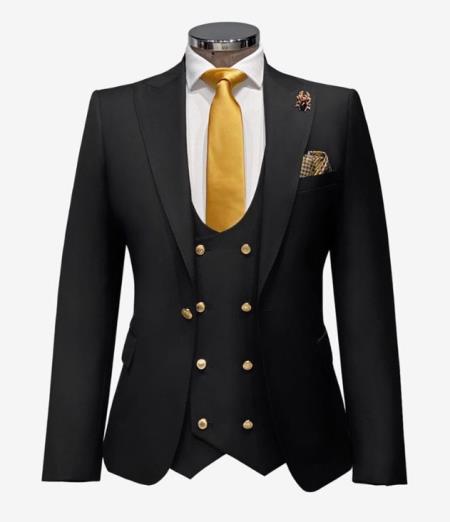 Black Mens Double Breasted Slim-fit Suit With Gold Buttons 46 Long Double Breasted Vest