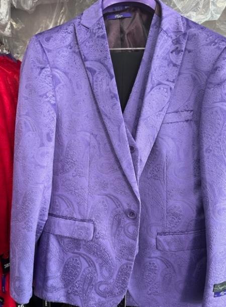 Mens Prom 2026 Tuxedo Paisley Suit - Wedding Floral Suit- Lavender - Light Lavender Wedding Jacket + Vest + Pants