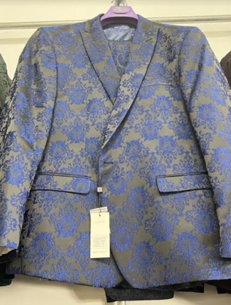 Mens Prom 2025 Tuxedo Paisley Suit - Wedding Floral Suit- Blue Wedding Jacket + Vest + Pants
