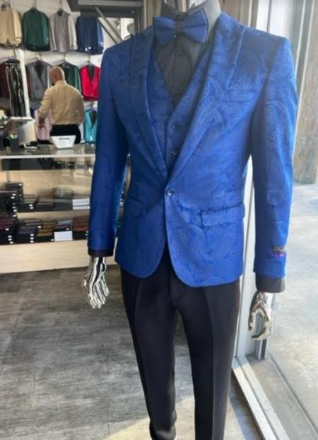 Mens Prom 2026 Tuxedo Paisley Suit - Wedding Floral Suit- Royal Blue - Indigo Wedding Jacket + Vest + Pants