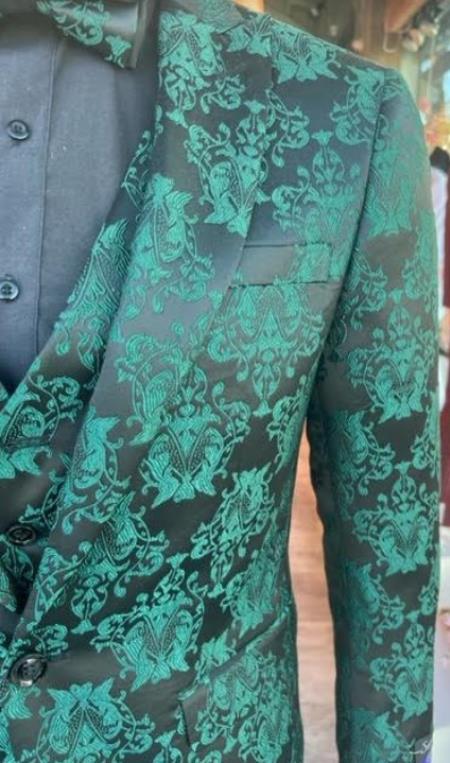 Mens Prom 2026 Tuxedo Paisley Suit - Wedding Floral Suit- Hunter - Emerald Green Wedding Jacket + Vest + Pants