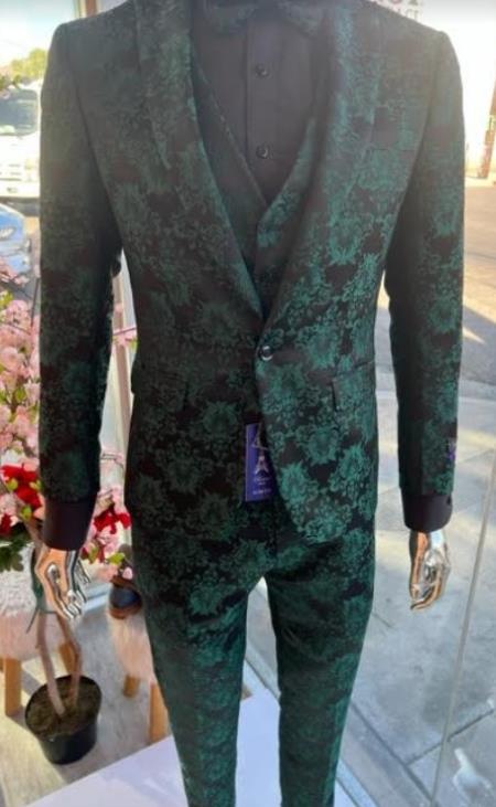 Mens Prom 2025 Tuxedo Paisley Suit - Wedding Floral Suit- Hunter - Emerald Green Wedding Jacket + Vest + Pants