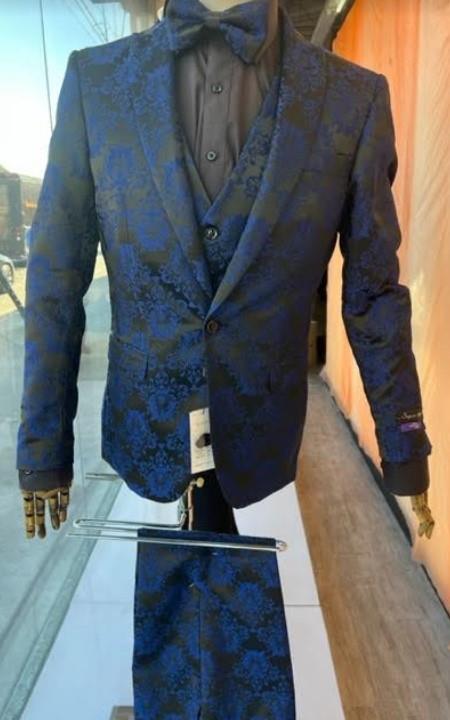 Mens Prom 2026 Tuxedo Paisley Suit - Wedding Floral Suit- Midnight - Royal - Navy Blue Wedding Jacket + Vest + Pants