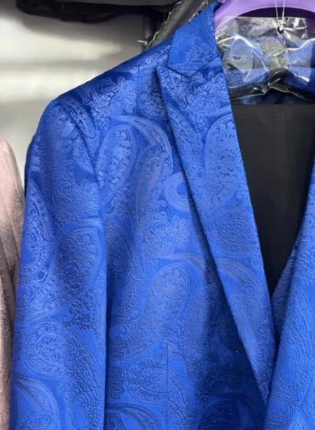 Mens Prom 2026 Tuxedo Paisley Suit - Wedding Floral Suit- Royal Blue - Indigo Wedding Jacket + Vest + Pants