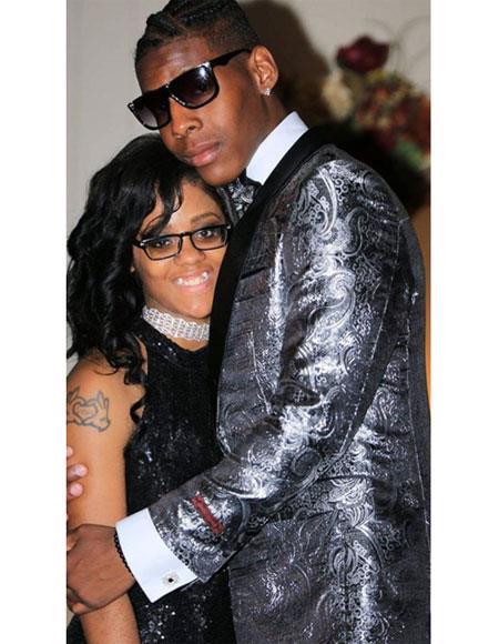 Silver and Black Paisley Blazer - Gray Prom 2026 Suit With Black Pants and Matching Bowtie