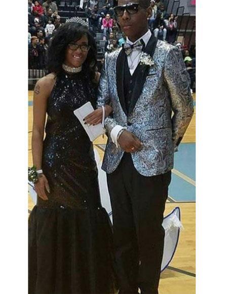 Silver and Black Paisley Blazer - Silver Prom 2026 Suit With Black Pants and Matching Bowtie