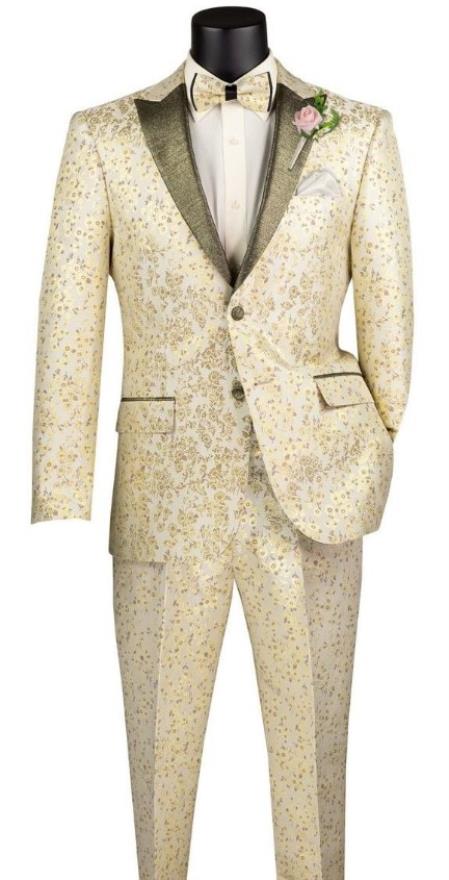 Prom  2026 Suit - Champagne - Paisley Floral Tuxedo - Wedding Groom Suit